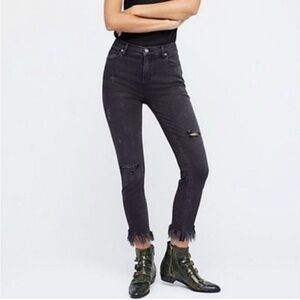 FREE PEOPLE Frayed Black Jeans Denim Fringe Crop Destroyed Goth Whimsigoth 27